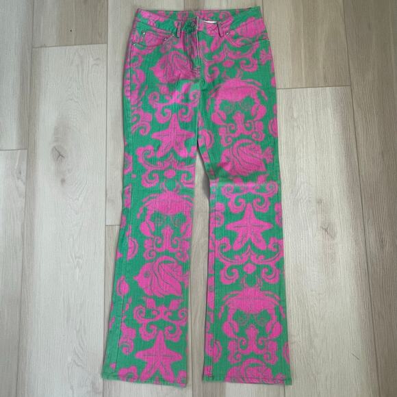 Lilly Pulitzer Rare Vintage Where's The Reef  Pink Green Jeans Sz 4 Flare - Picture 3 of 10